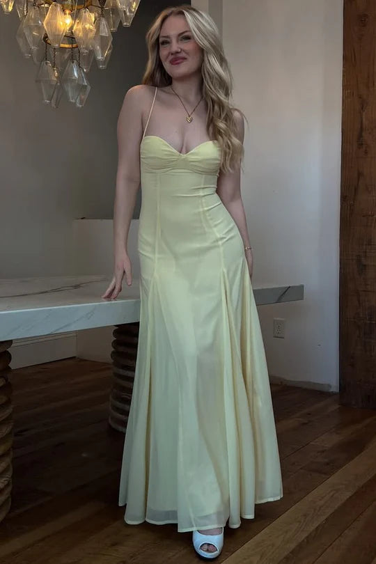 Spaghetti Strap Yellow Chiffon A Line Prom Dress Formal Wedding Guest Dress  P1141