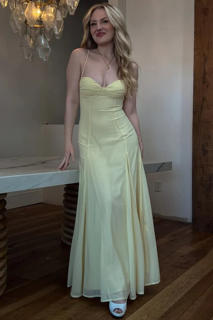 Spaghetti Strap Yellow Chiffon A Line Prom Dress Formal Wedding Guest Dress  P1141