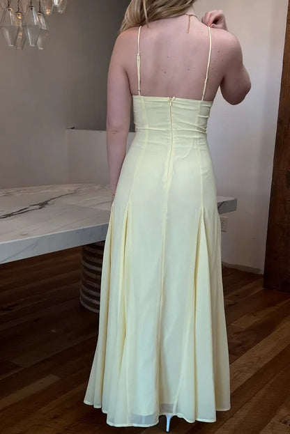 Spaghetti Strap Yellow Chiffon A Line Prom Dress Formal Wedding Guest Dress  P1141