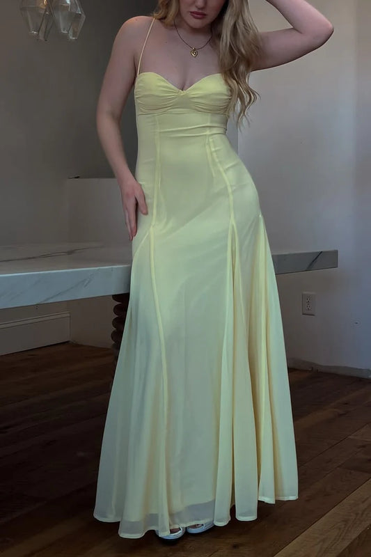 Spaghetti Strap Yellow Chiffon A Line Prom Dress Formal Wedding Guest Dress  P1141