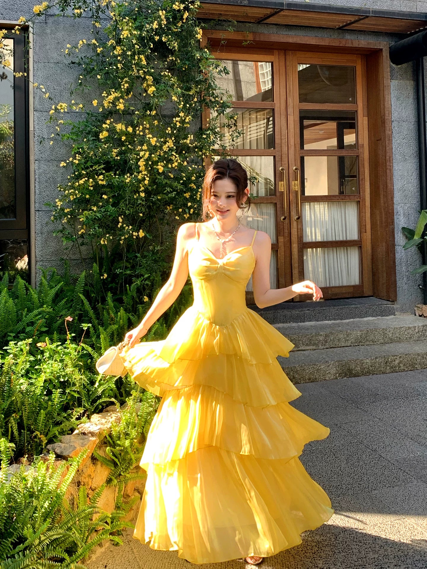 Spaghetti Strap Yellow Layered Prom Dress A Line Formal Wedding Guest Dress  P1305