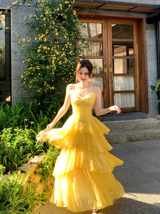 Spaghetti Strap Yellow Layered Prom Dress A Line Formal Wedding Guest Dress  P1305