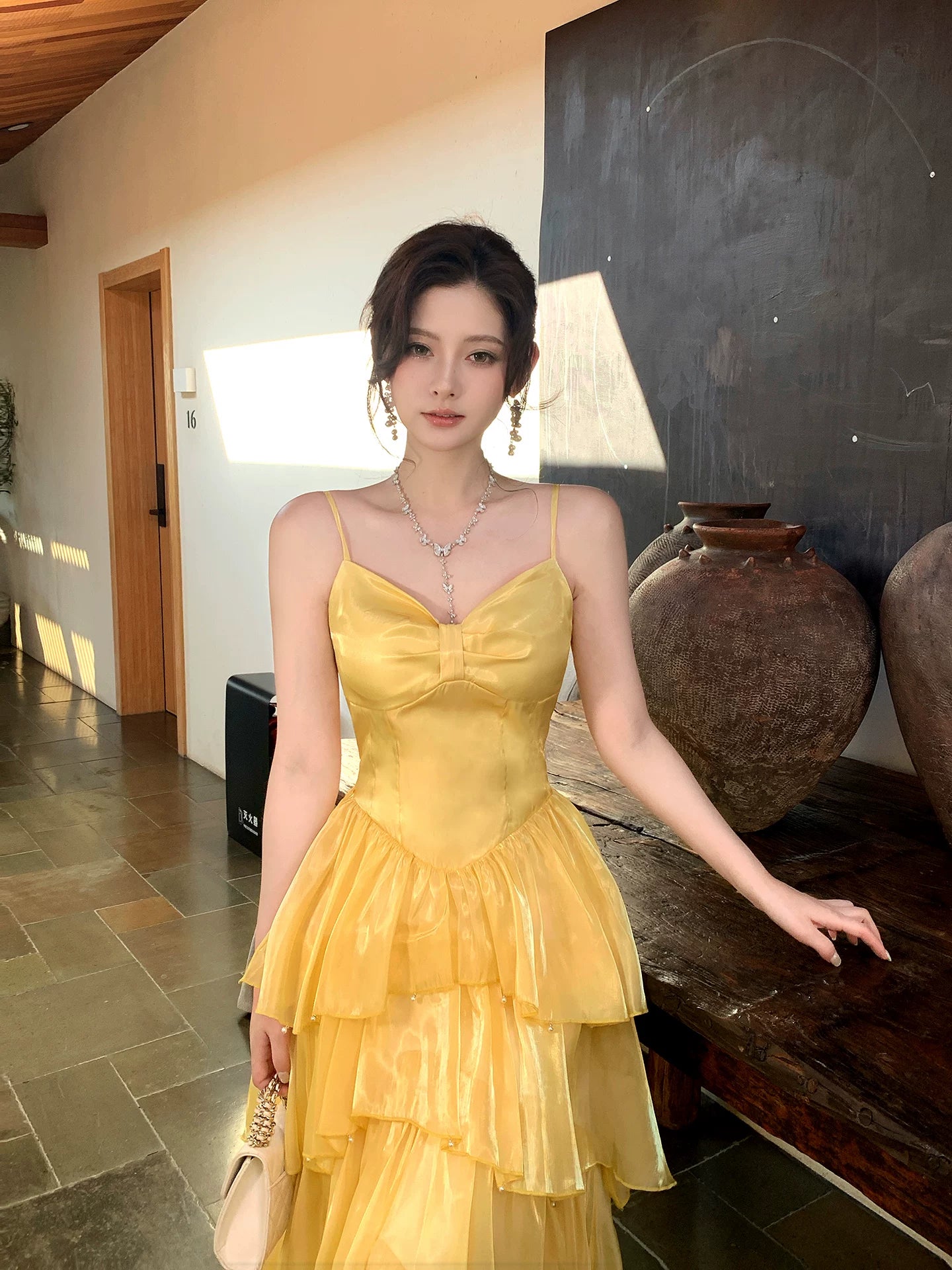 Spaghetti Strap Yellow Layered Prom Dress A Line Formal Wedding Guest Dress  P1305