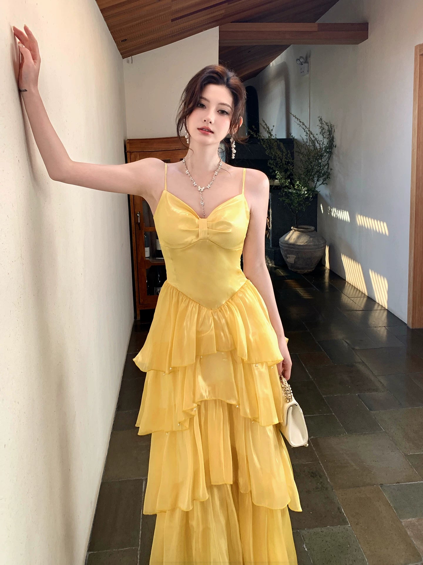 Spaghetti Strap Yellow Layered Prom Dress A Line Formal Wedding Guest Dress  P1305