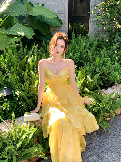 Spaghetti Strap Yellow Layered Prom Dress A Line Formal Wedding Guest Dress  P1305