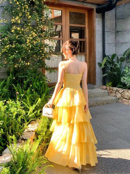 Spaghetti Strap Yellow Layered Prom Dress A Line Formal Wedding Guest Dress  P1305