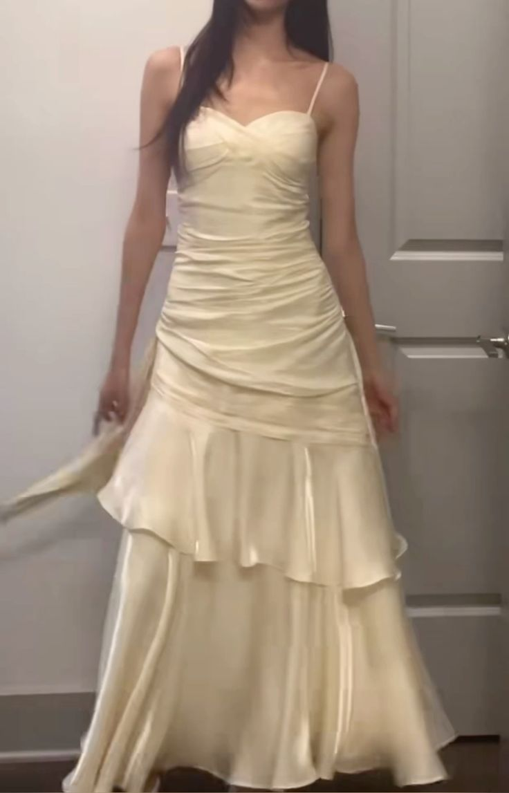 Spaghetti Strap Yellow Ruffled Prom Dress Formal Evening Dress  P1087