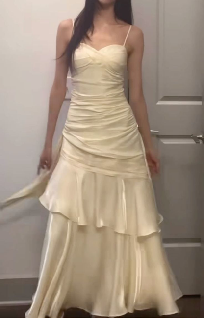 Spaghetti Strap Yellow Ruffled Prom Dress Formal Evening Dress  P1087