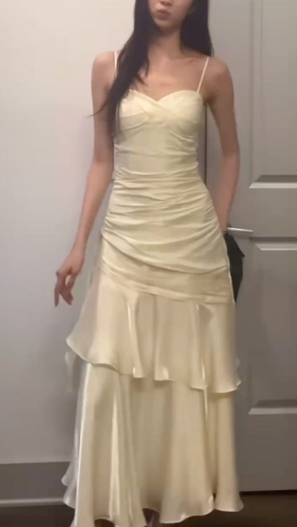Spaghetti Strap Yellow Ruffled Prom Dress Formal Evening Dress  P1087
