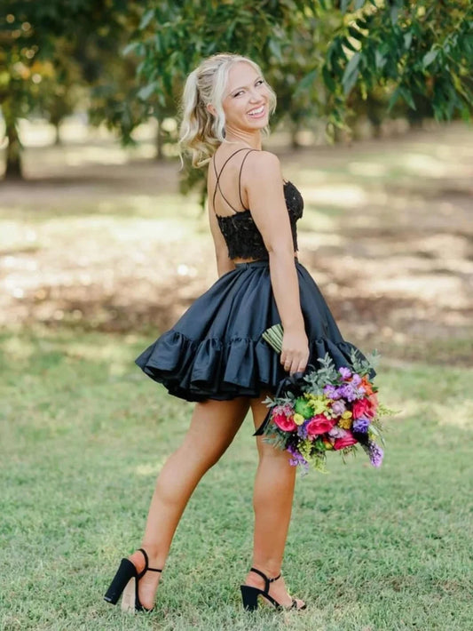 Spaghetti Straps A Line Black Appliques Homecoming Dress  P2270