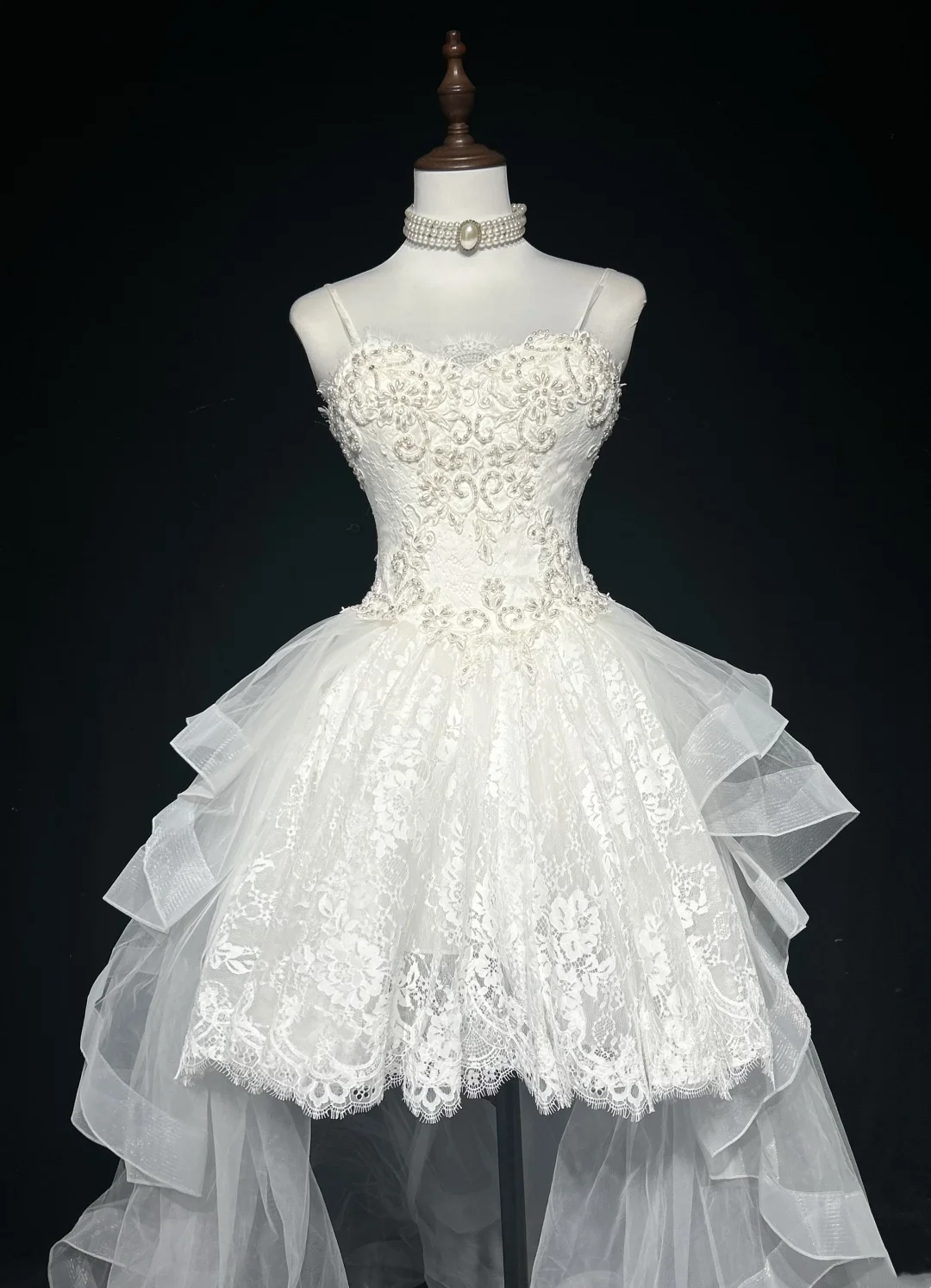 Spaghetti Straps A Line Hight Low Wedding Dress Beaded Appliques Birthday Gown  P873