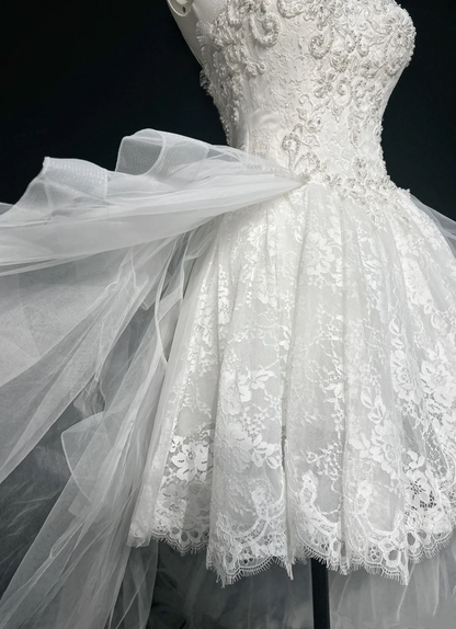 Spaghetti Straps A Line Hight Low Wedding Dress Beaded Appliques Birthday Gown  P873