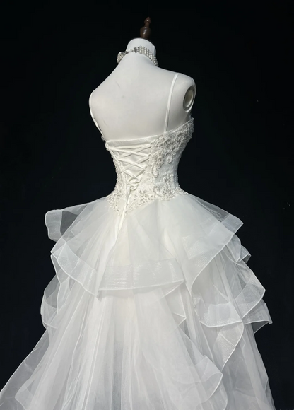 Spaghetti Straps A Line Hight Low Wedding Dress Beaded Appliques Birthday Gown  P873