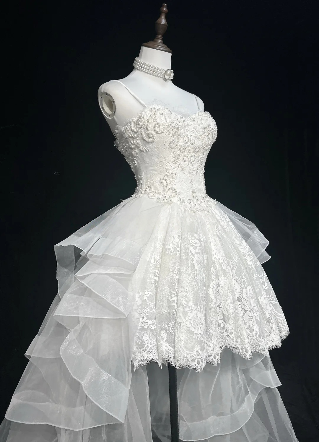 Spaghetti Straps A Line Hight Low Wedding Dress Beaded Appliques Birthday Gown  P873