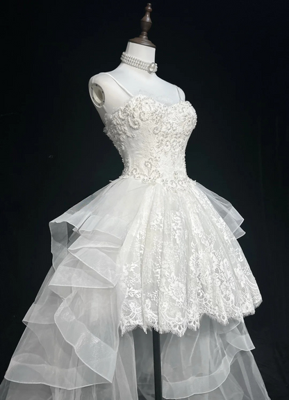 Spaghetti Straps A Line Hight Low Wedding Dress Beaded Appliques Birthday Gown  P873