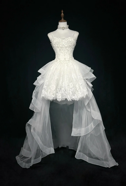 Spaghetti Straps A Line Hight Low Wedding Dress Beaded Appliques Birthday Gown  P873