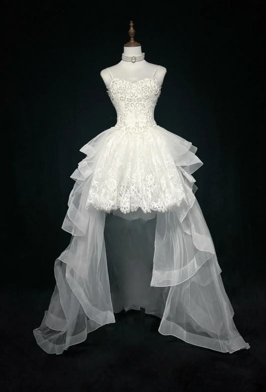 Spaghetti Straps A Line Hight Low Wedding Dress Beaded Appliques Birthday Gown  P873