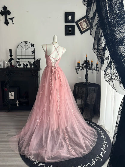 Spaghetti Straps A Line Pink Tulle Prom Dress Formal Evening Gown  P1800