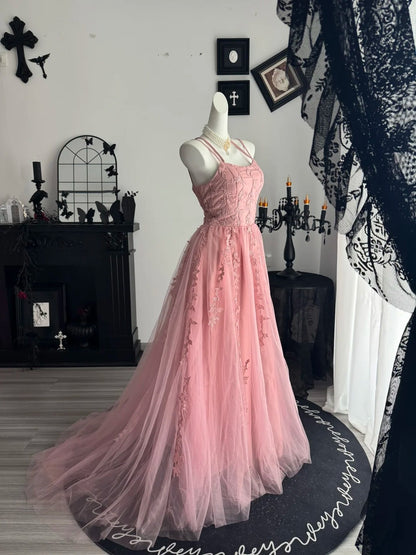 Spaghetti Straps A Line Pink Tulle Prom Dress Formal Evening Gown  P1800