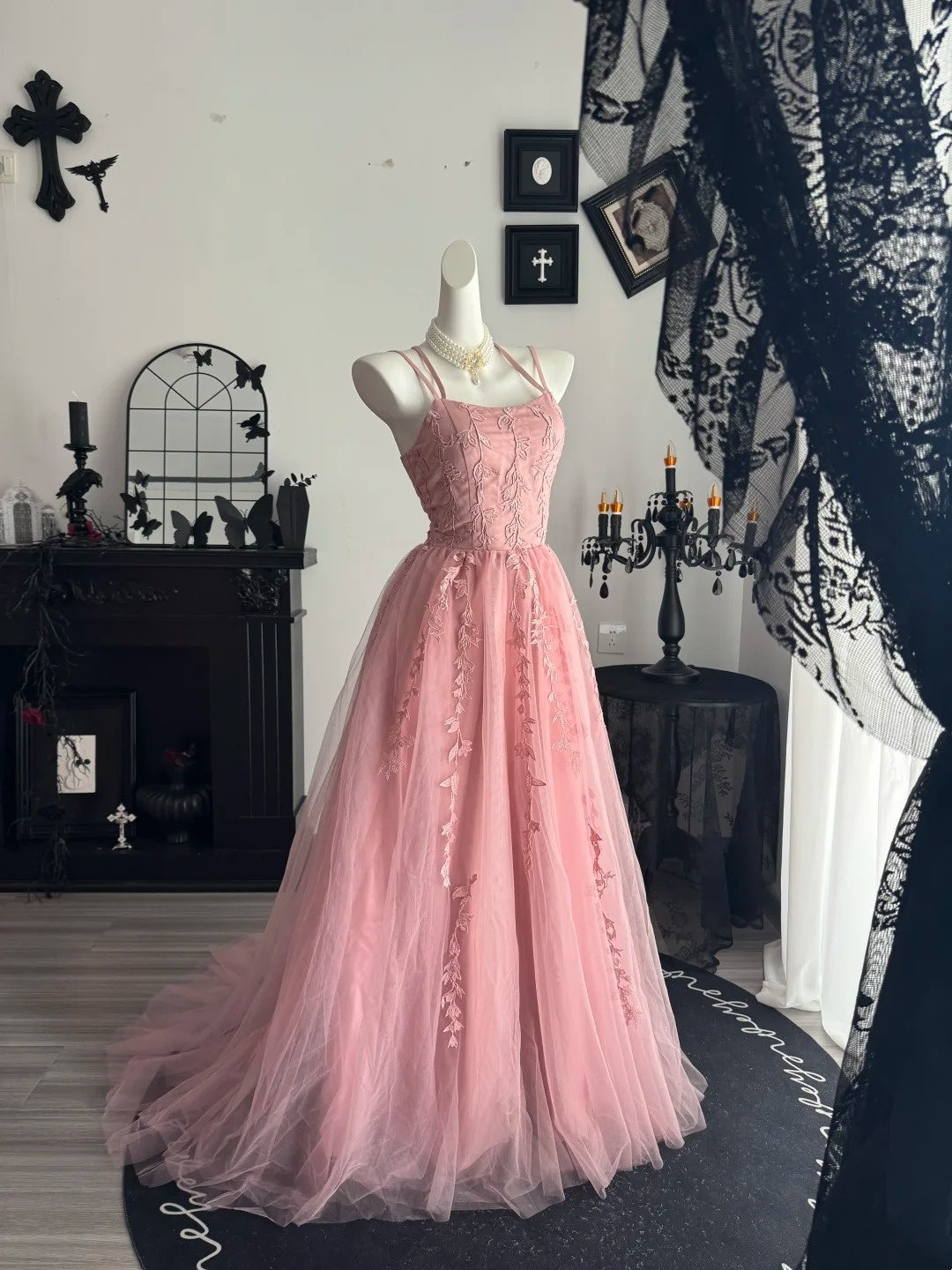Spaghetti Straps A Line Pink Tulle Prom Dress Formal Evening Gown  P1800