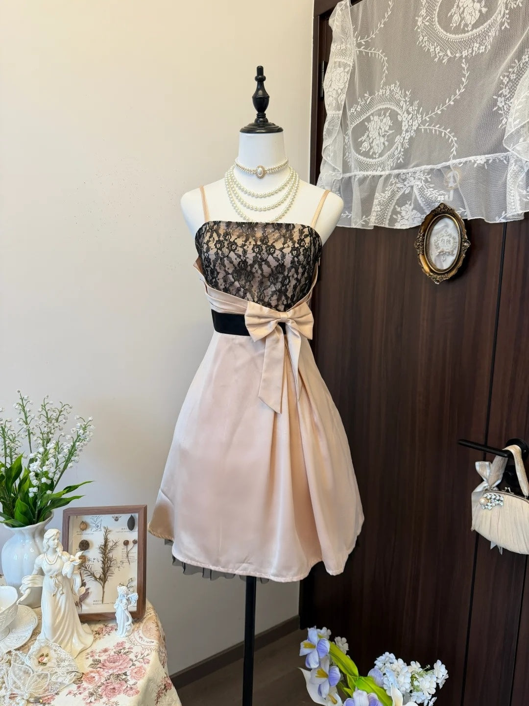 Spaghetti Straps A Line Satin Lace Homecoming Dress Retro Party Dress   P1905