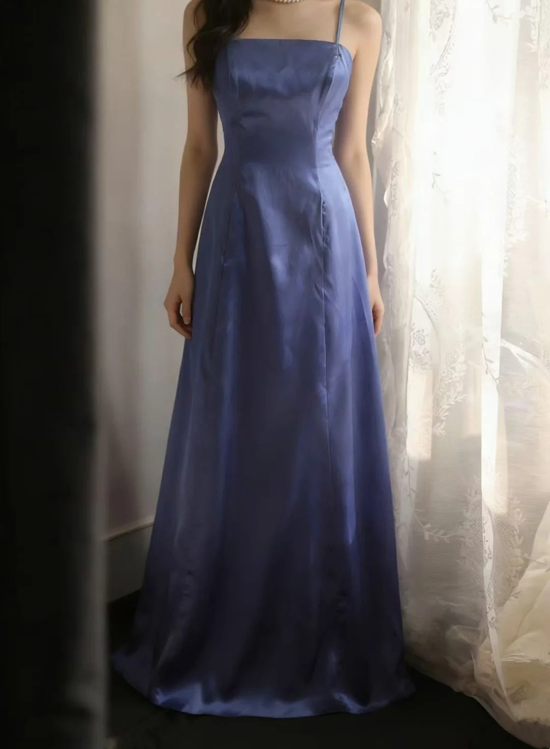 Spaghetti Straps A Line Satin Prom Dress Elegant Evening Dress  P1703