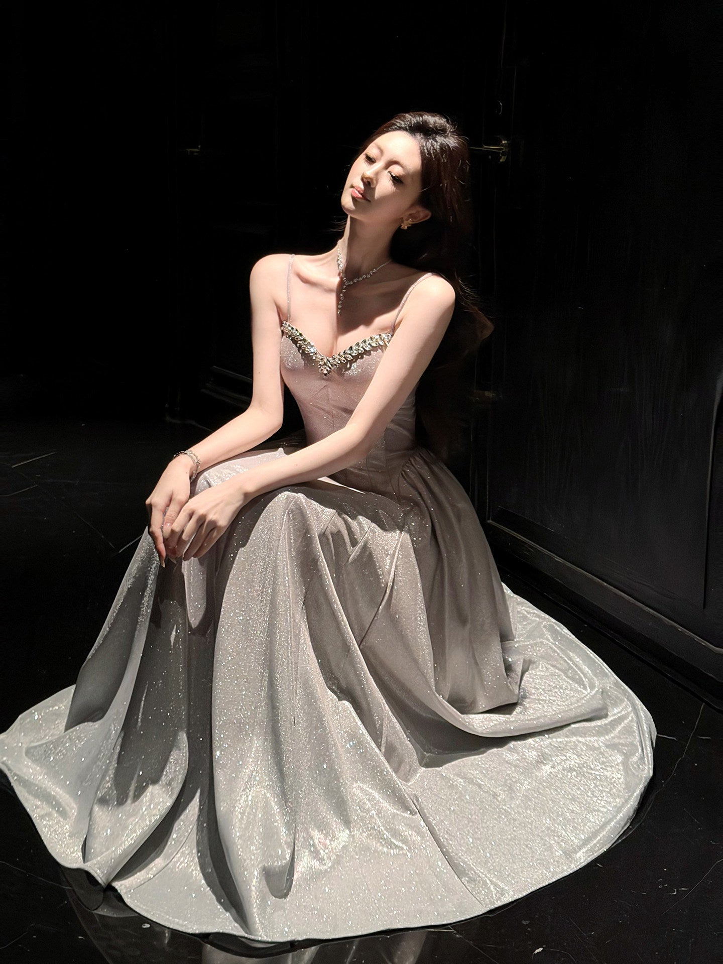 Spaghetti Straps A Line Sparkle Prom Dress  Beaded Evening Dress  P752