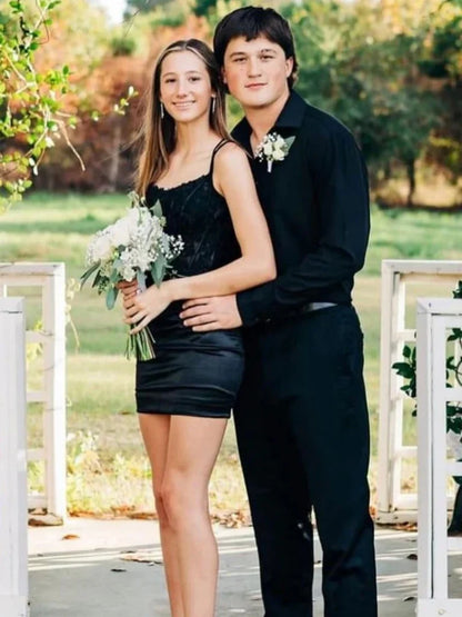 Spaghetti Straps Appliqued Satin Homecoming Dresses  P2304