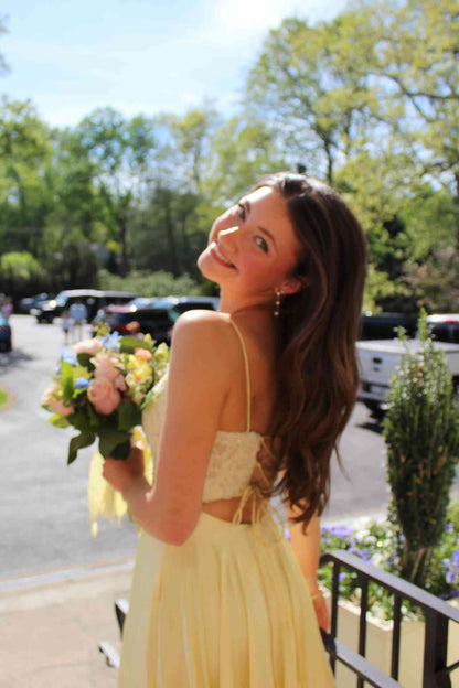 Spaghetti Straps Appliqued Yellow Satin Formal Prom Dress  P2467