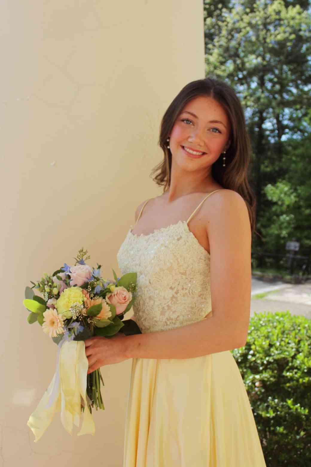 Spaghetti Straps Appliqued Yellow Satin Formal Prom Dress  P2467