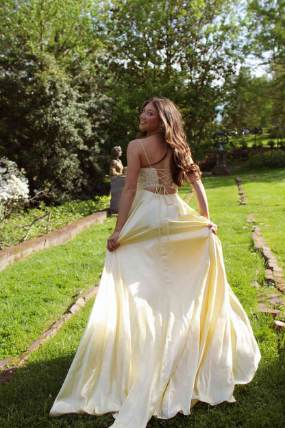 Spaghetti Straps Appliqued Yellow Satin Formal Prom Dress  P2467