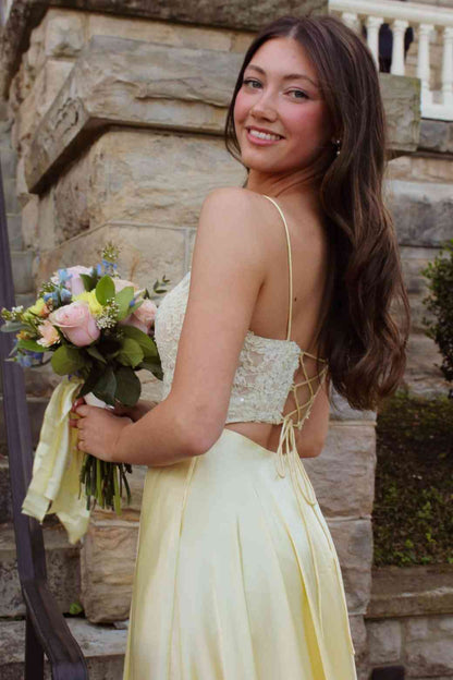 Spaghetti Straps Appliqued Yellow Satin Formal Prom Dress  P2467