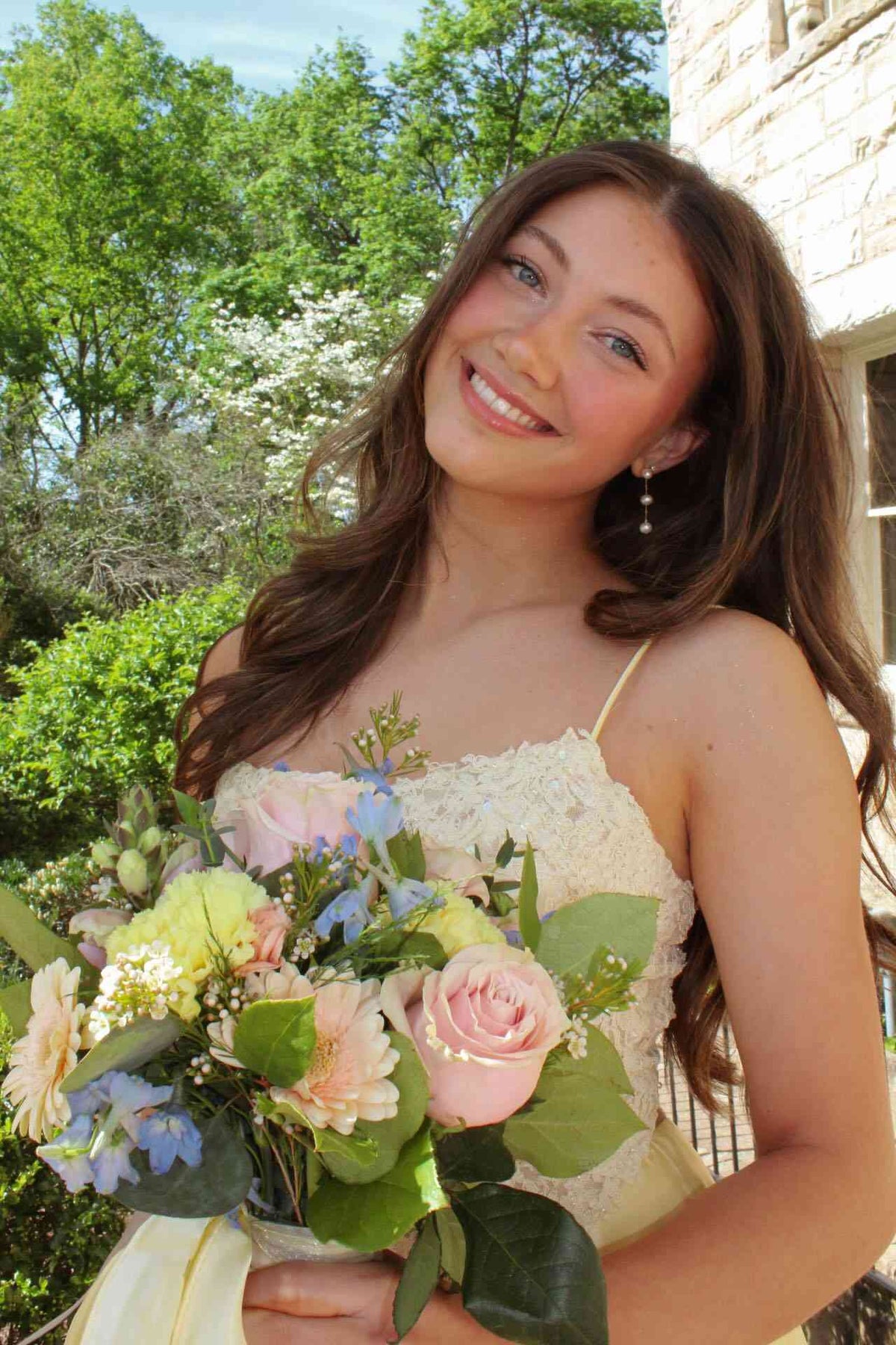 Spaghetti Straps Appliqued Yellow Satin Formal Prom Dress  P2467