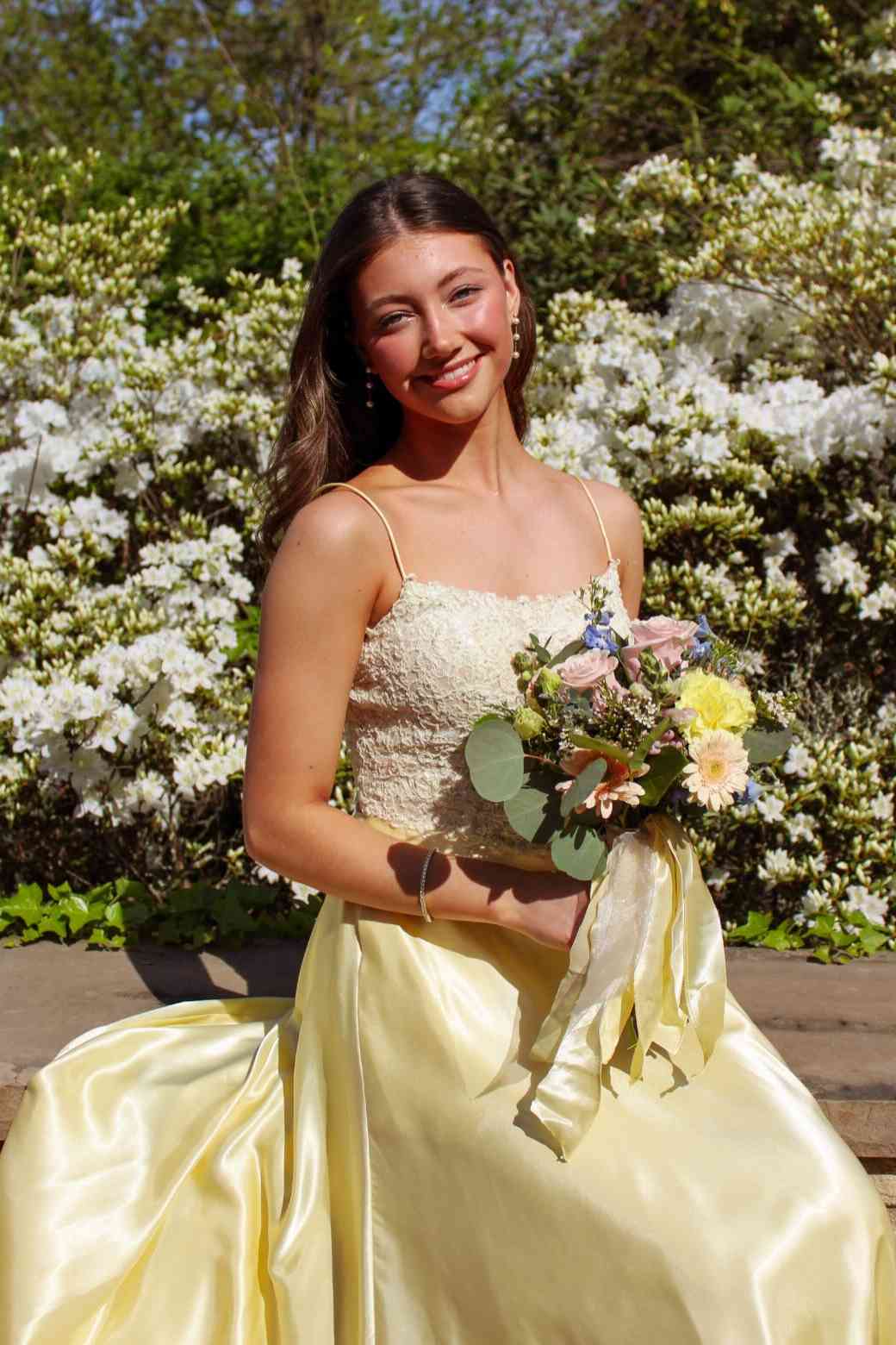 Spaghetti Straps Appliqued Yellow Satin Formal Prom Dress  P2467