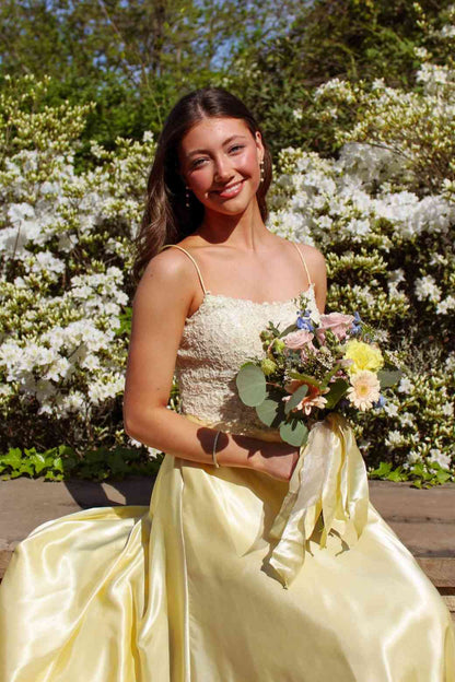 Spaghetti Straps Appliqued Yellow Satin Formal Prom Dress  P2467
