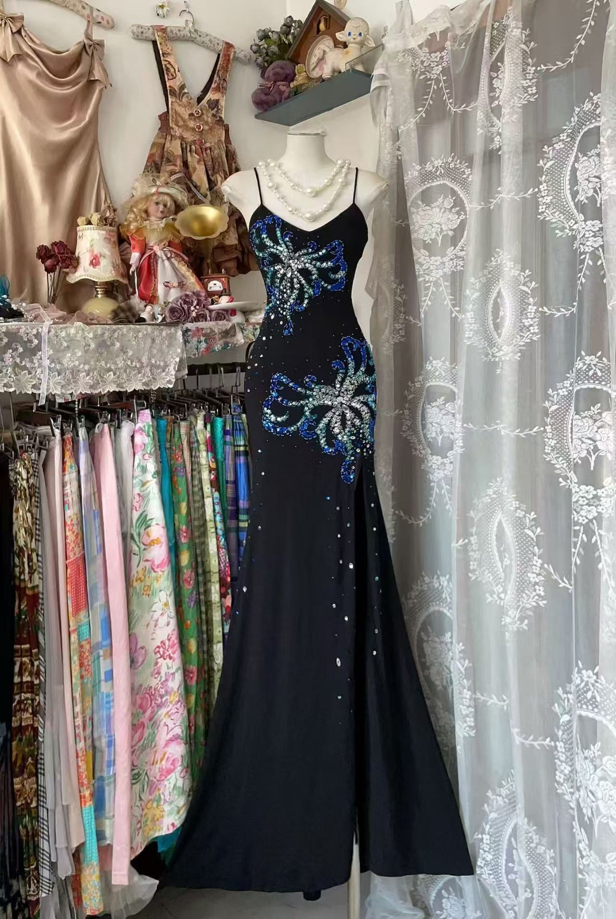 Spaghetti Straps Beaded Retro Prom Dress Formal Evening Gown  P2689