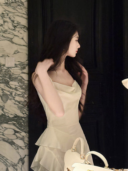 Spaghetti Straps Beige Ruffled Prom Dress Chiffon Formal Dress  P756