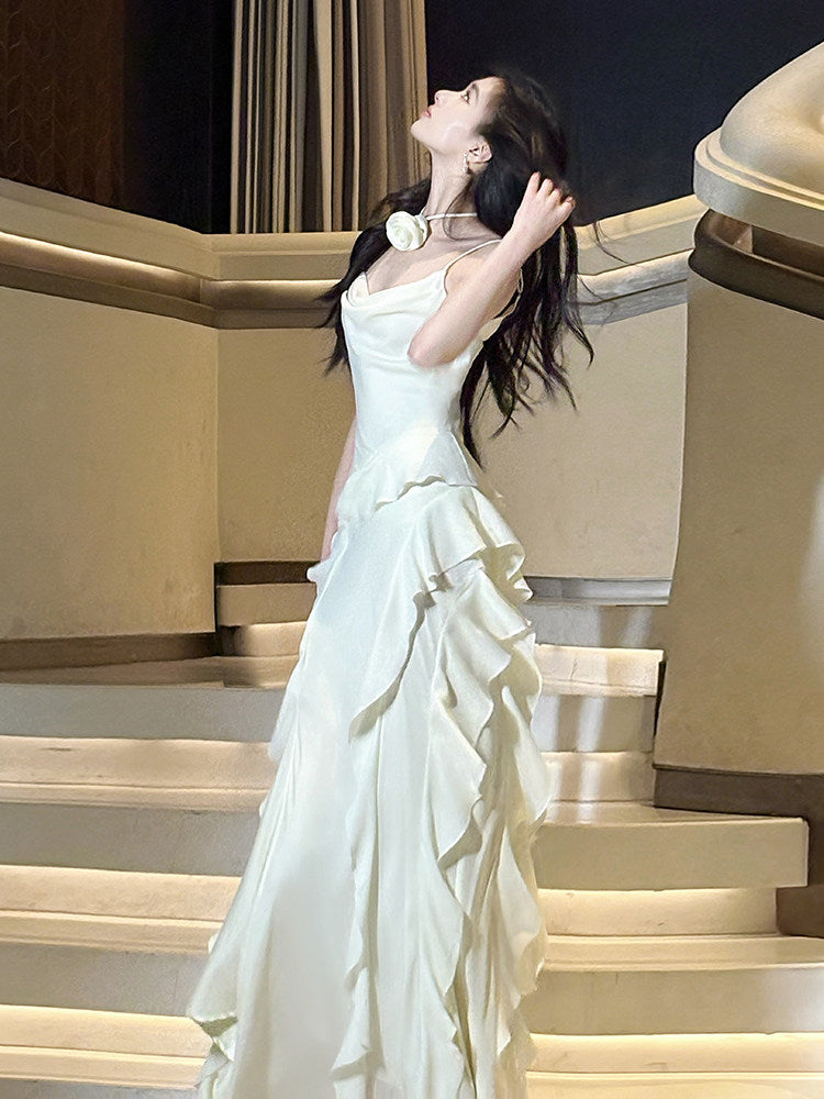 Spaghetti Straps Beige Ruffled Prom Dress Chiffon Formal Dress  P756