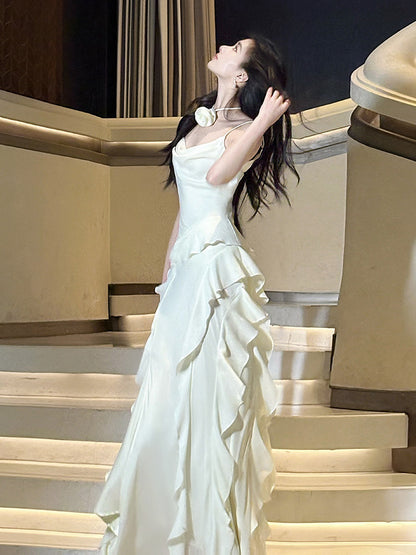Spaghetti Straps Beige Ruffled Prom Dress Chiffon Formal Dress  P756