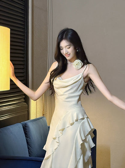 Spaghetti Straps Beige Ruffled Prom Dress Chiffon Formal Dress  P756