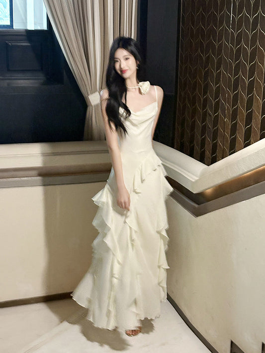 Spaghetti Straps Beige Ruffled Prom Dress Chiffon Formal Dress  P756