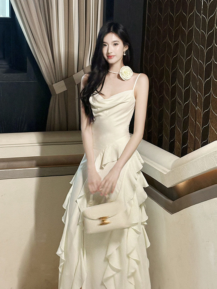 Spaghetti Straps Beige Ruffled Prom Dress Chiffon Formal Dress  P756