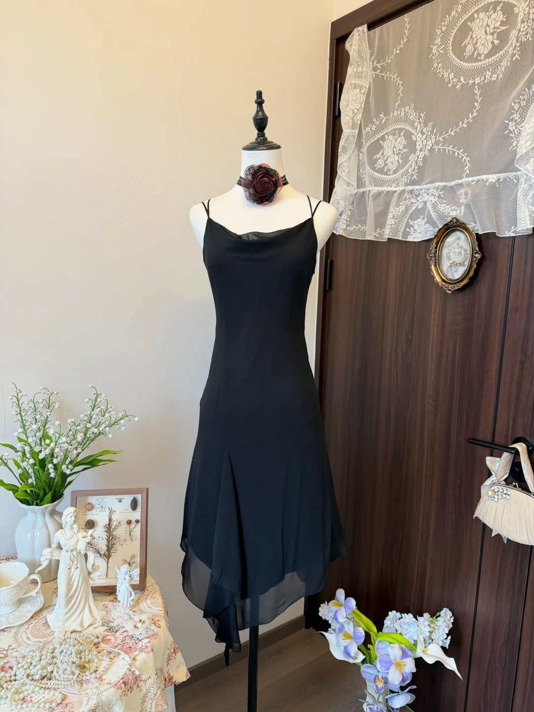 Spaghetti Straps Black Chiffon Retro Homecoming Dress Birthday Outfit  P1900