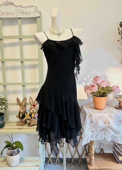 Spaghetti Straps Black Chiffon Ruffled Birthday Dress  P2124