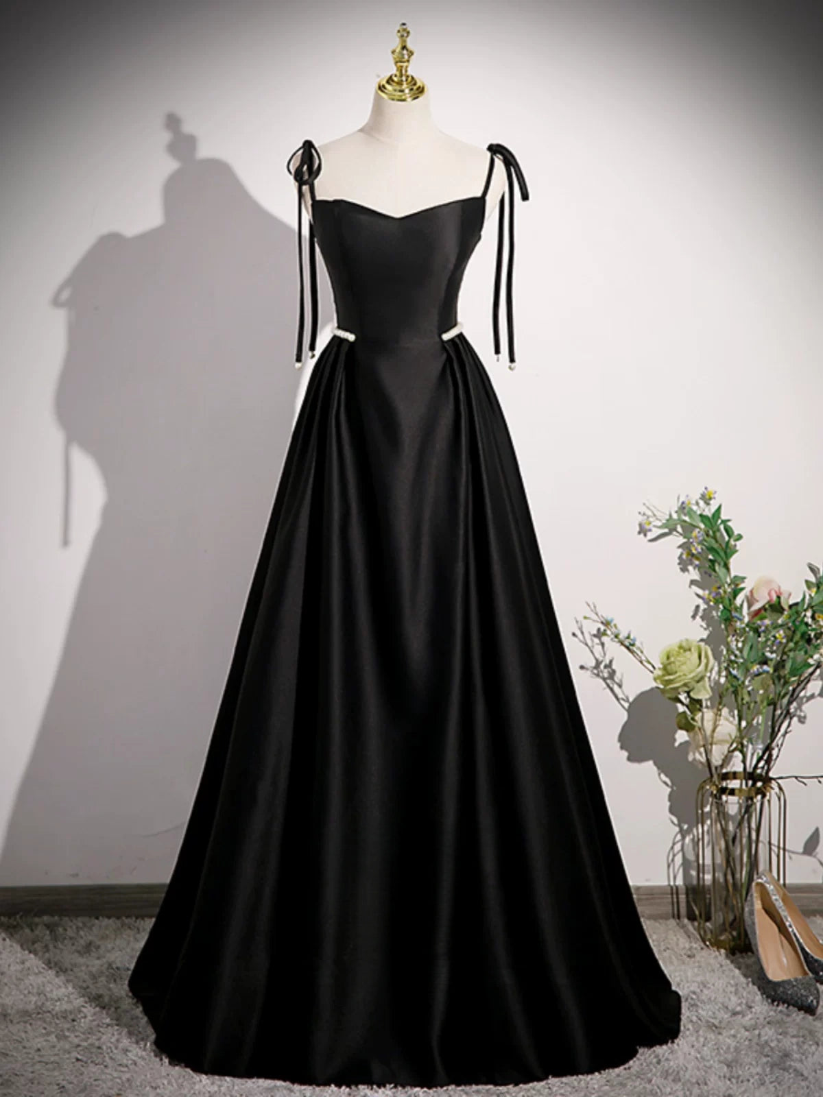 Spaghetti Straps Black Formal Prom Dress with Bow Knot  P2709
