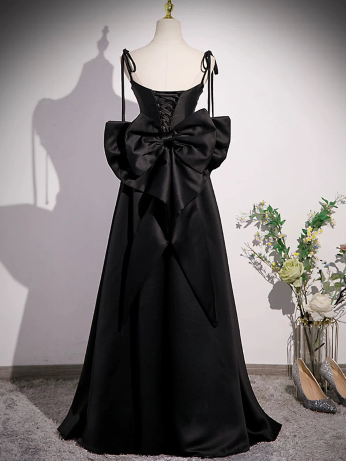 Spaghetti Straps Black Formal Prom Dress with Bow Knot  P2709