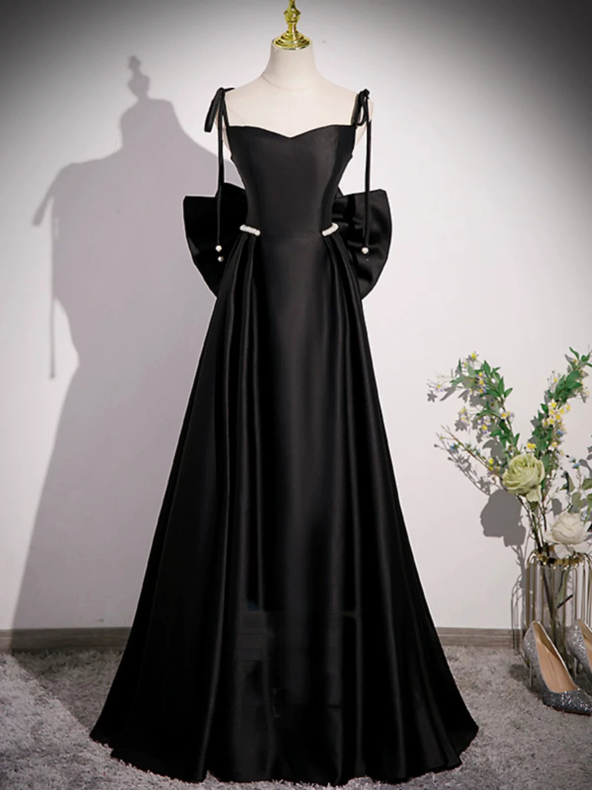 Spaghetti Straps Black Formal Prom Dress with Bow Knot  P2709