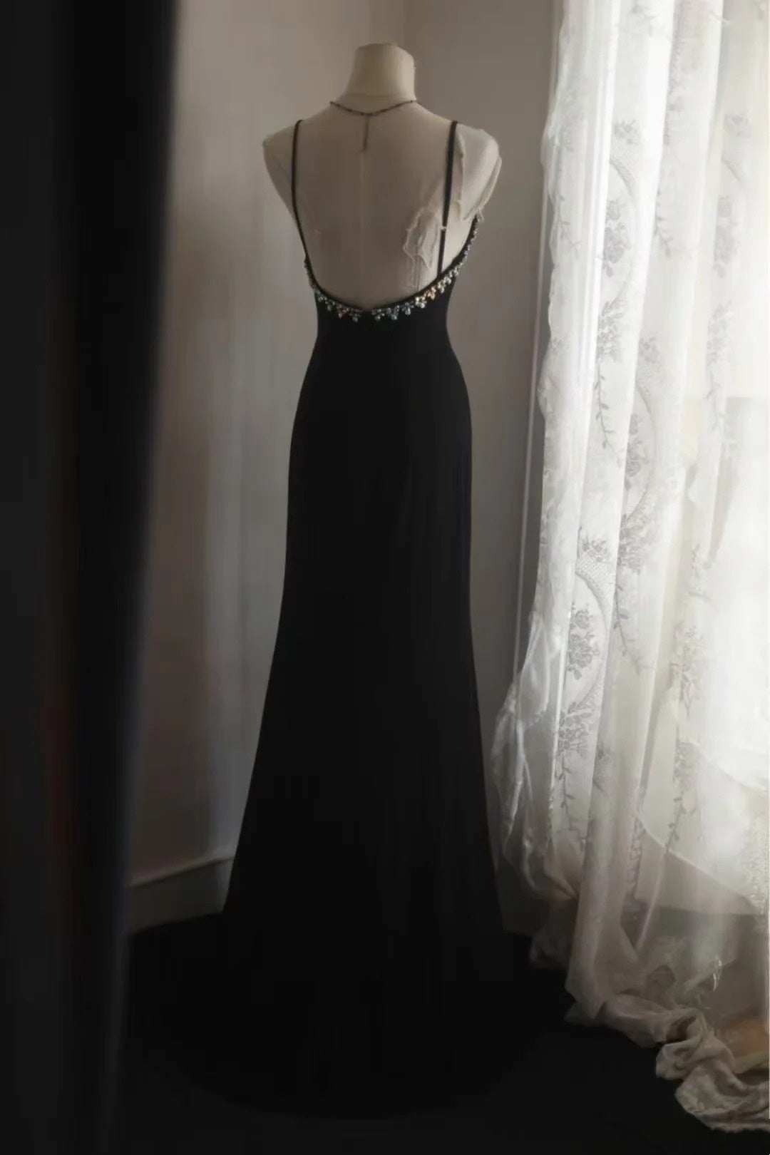 Spaghetti Straps Black Mermaid Prom Dress Beaded Evening Dress   P1999