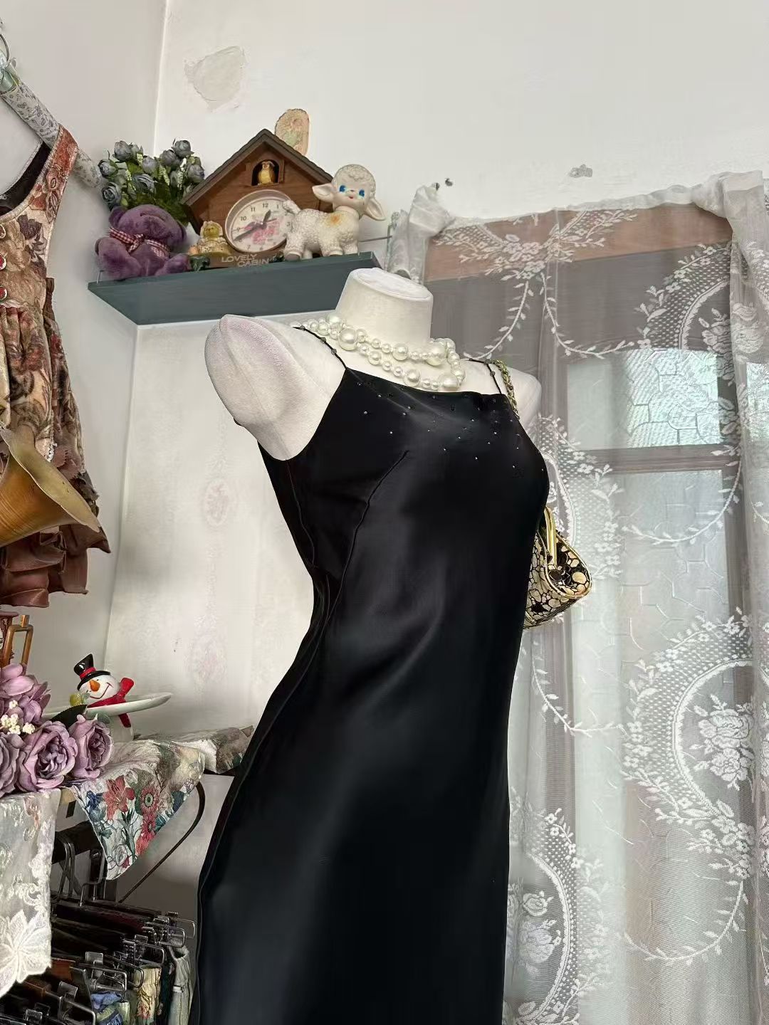 Spaghetti Straps Black Mermaid Satin Evening Dress  P1958