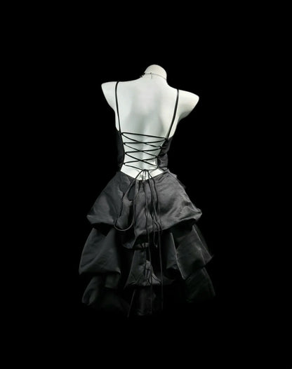 Spaghetti Straps Black Satin Homecoming Dress Short Birthday Dress   P2668
